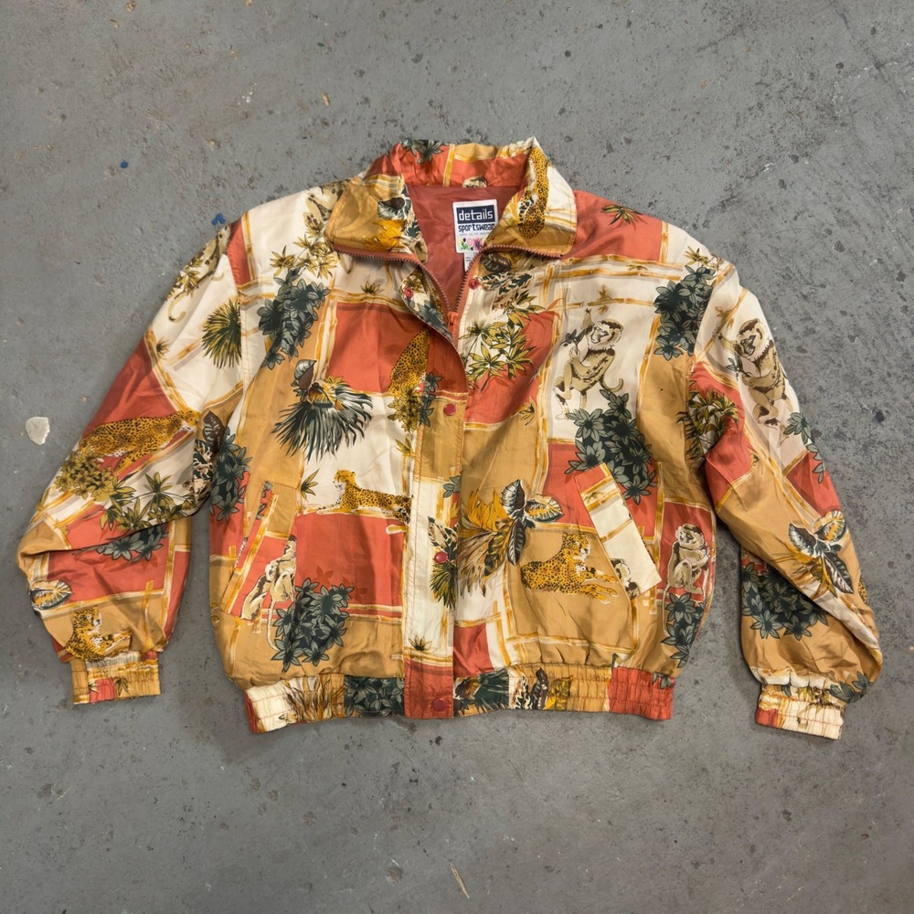 Vintage Details Sportswear Silk Safari Bomber Jacket Cheetah Monkey Print M